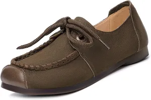 Women's Genuine Leather Flat Loafers Retro Comfortable Round Toe Lace-up Slip On Anti-Slip Soft Bottom Walking Shoes for Daily Work Office Casual Shoes