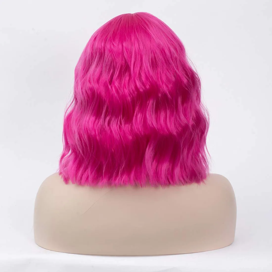 Women's Hot Pink Wig Short Curly Wavy Wig Shoulder Length Flat Bangs Wig For Women Girl Cosplay Party Halloween Wig Cap Included (Hot Pink)