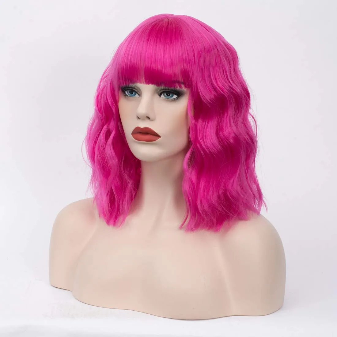 Women's Hot Pink Wig Short Curly Wavy Wig Shoulder Length Flat Bangs Wig For Women Girl Cosplay Party Halloween Wig Cap Included (Hot Pink)