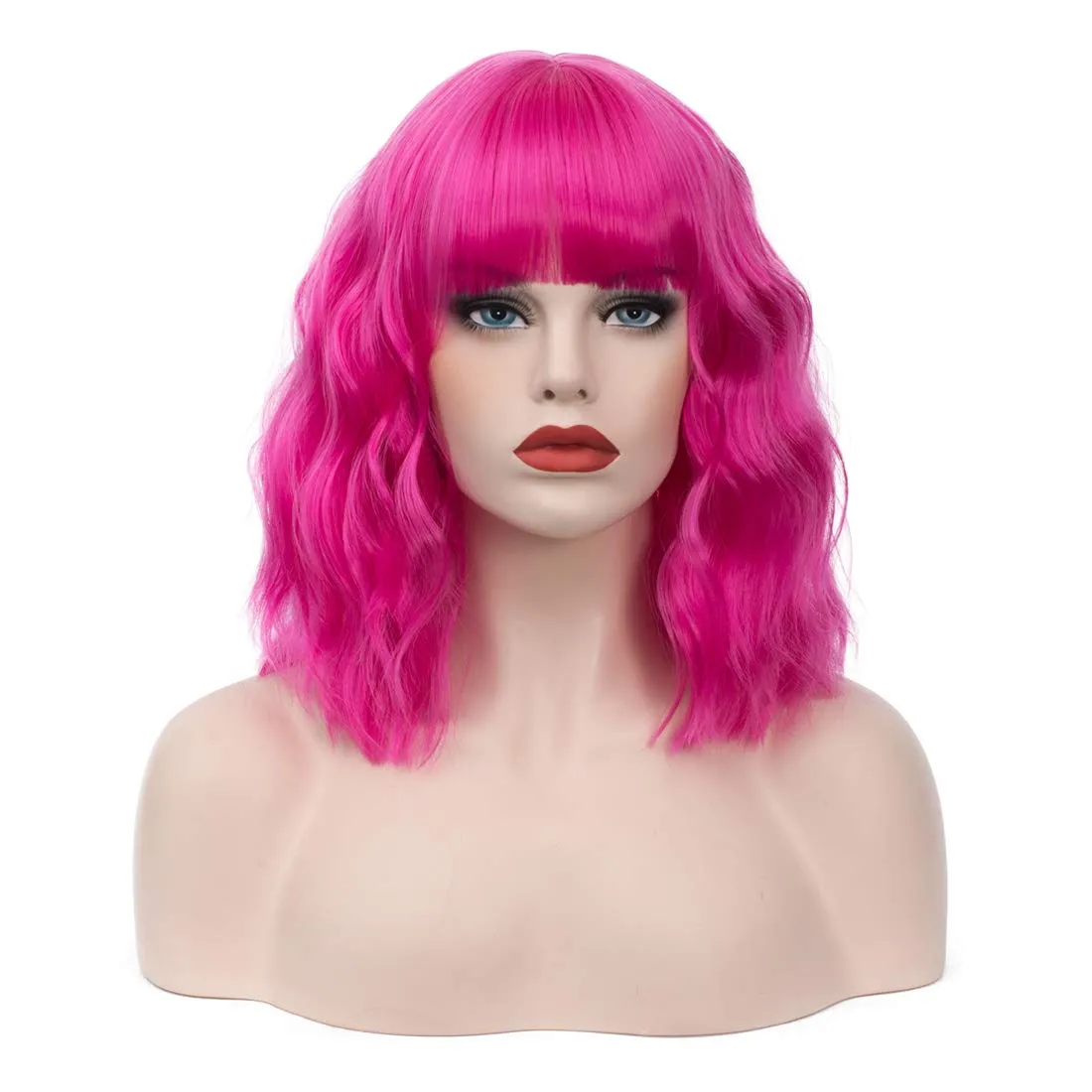 Women's Hot Pink Wig Short Curly Wavy Wig Shoulder Length Flat Bangs Wig For Women Girl Cosplay Party Halloween Wig Cap Included (Hot Pink)