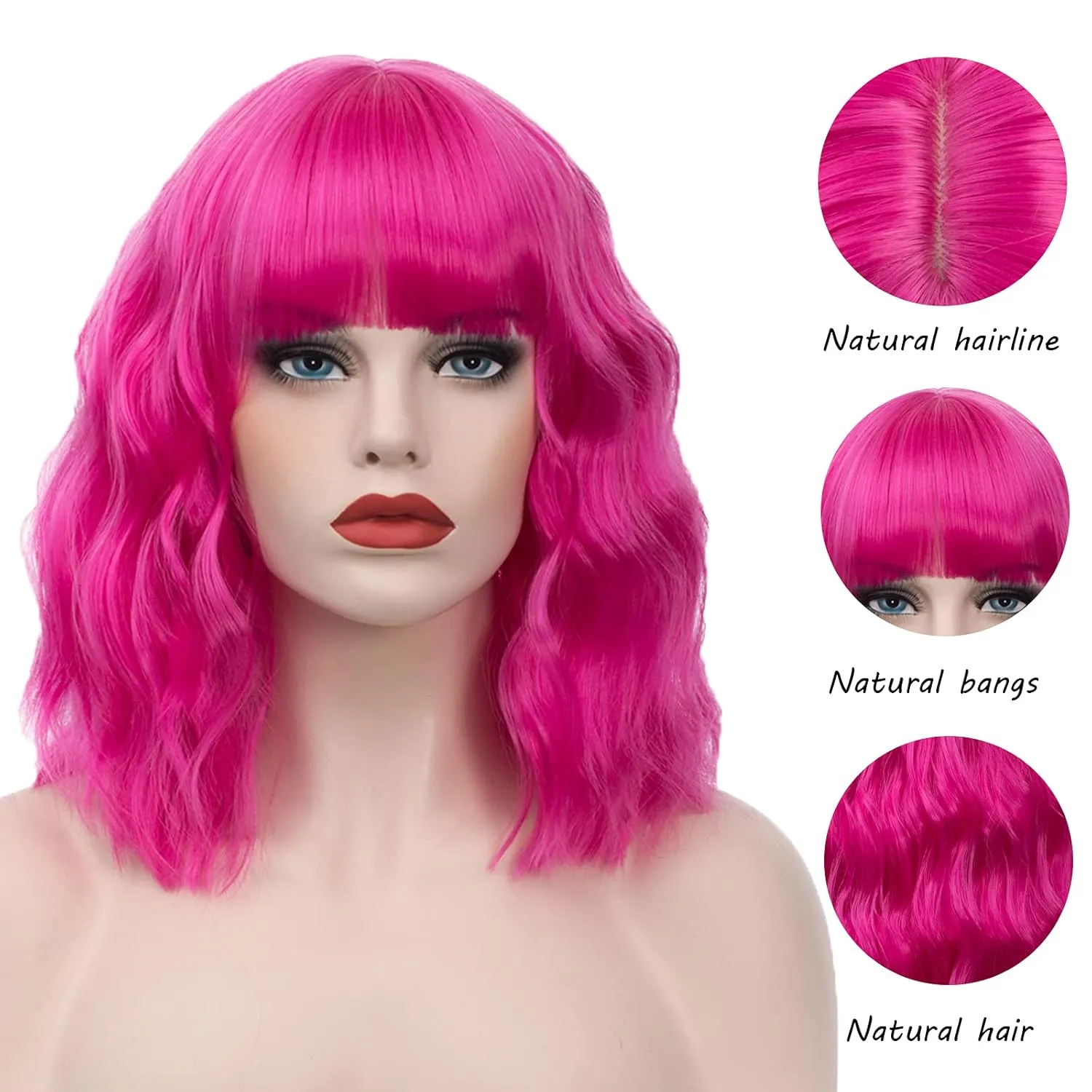 Women's Hot Pink Wig Short Curly Wavy Wig Shoulder Length Flat Bangs Wig For Women Girl Cosplay Party Halloween Wig Cap Included (Hot Pink)
