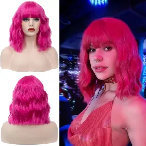 Women's Hot Pink Wig Short Curly Wavy Wig Shoulder Length Flat Bangs Wig For Women Girl Cosplay Party Halloween Wig Cap Included (Hot Pink)
