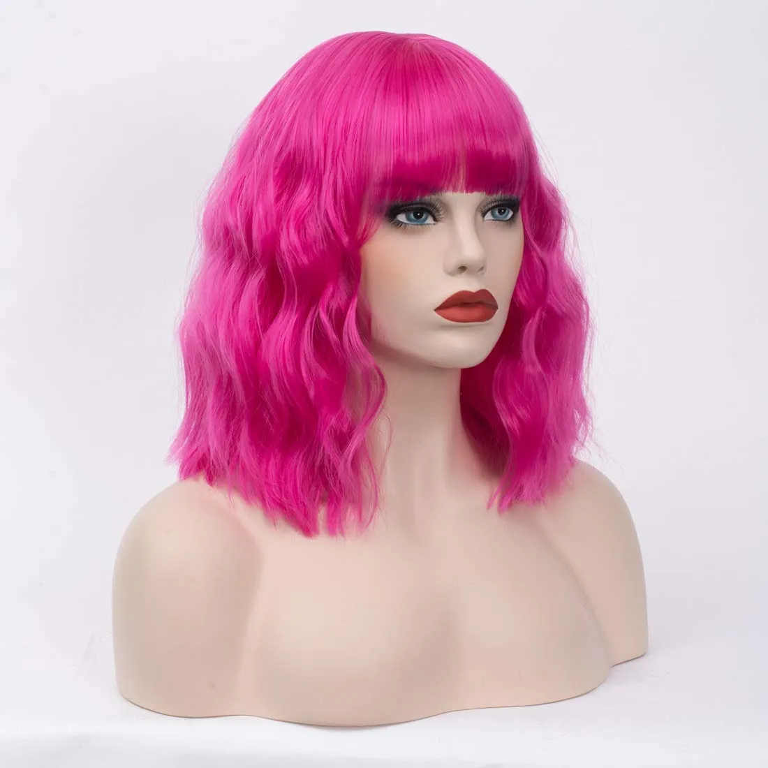 Women's Hot Pink Wig Short Curly Wavy Wig Shoulder Length Flat Bangs Wig For Women Girl Cosplay Party Halloween Wig Cap Included (Hot Pink)