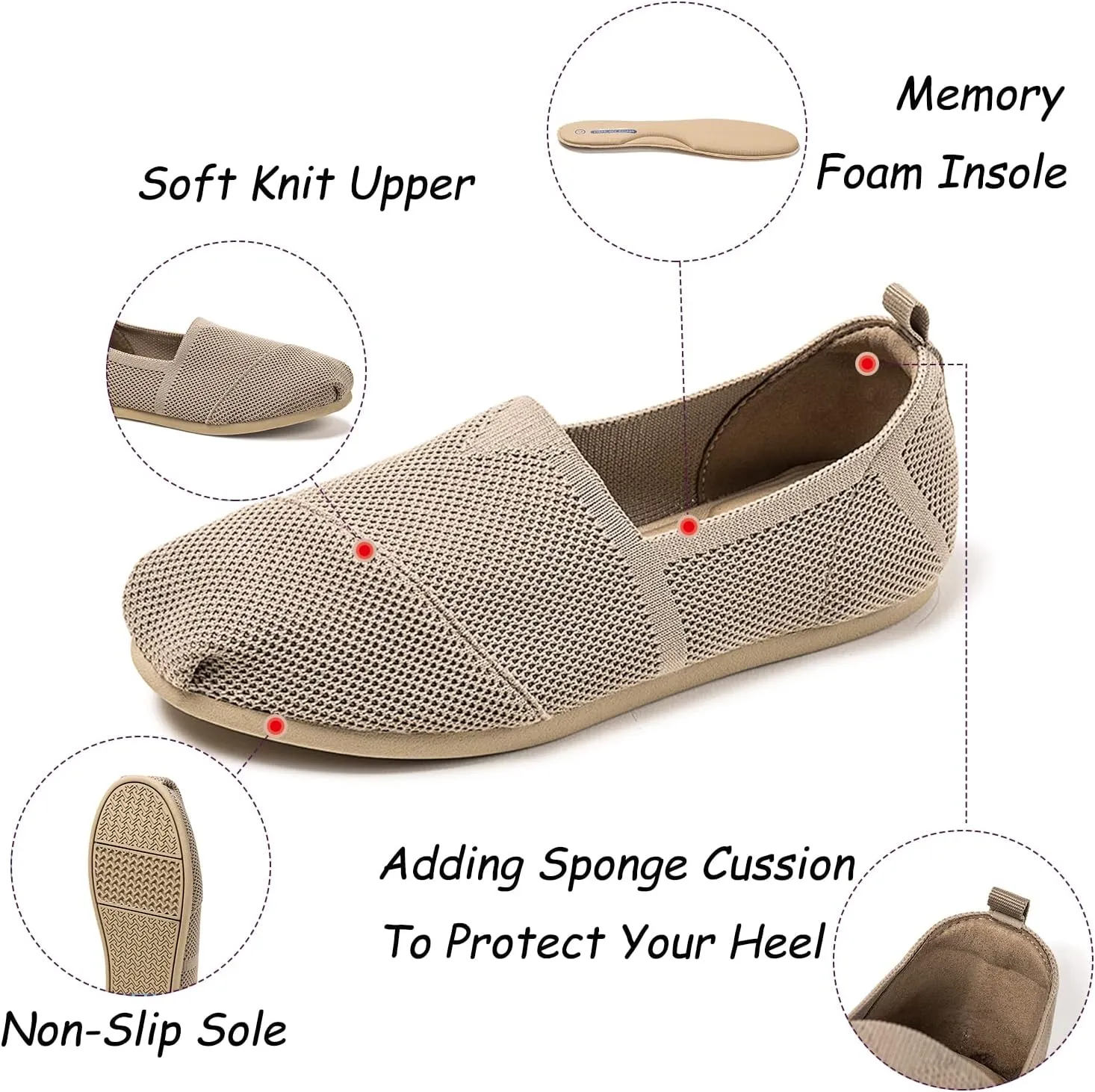 Women's Knit Flat Shoes,Classic Casual Washable Shoes,Comfortable Walking Slip-On Ballerina Square Toe Shoes for Women