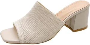 Womens Knit Heeled Sandals Chunky Low Block Heel Mules Square Open Toe Heels Slip On Breathable Slides Sandals