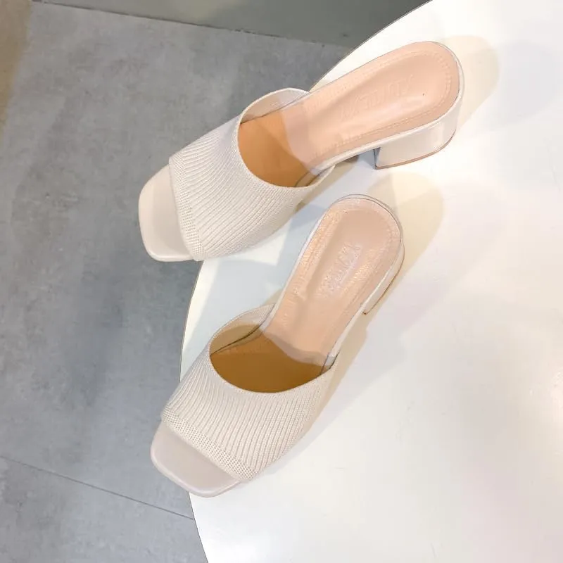 Womens Knit Heeled Sandals Chunky Low Block Heel Mules Square Open Toe Heels Slip On Breathable Slides Sandals
