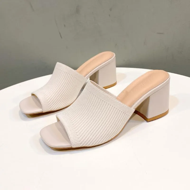 Womens Knit Heeled Sandals Chunky Low Block Heel Mules Square Open Toe Heels Slip On Breathable Slides Sandals