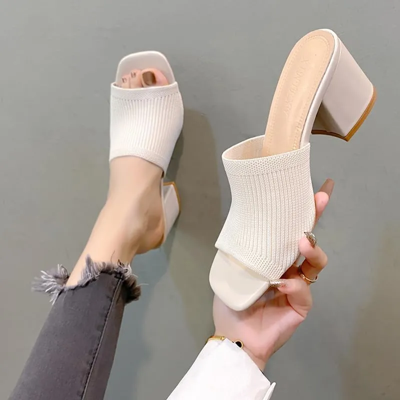 Womens Knit Heeled Sandals Chunky Low Block Heel Mules Square Open Toe Heels Slip On Breathable Slides Sandals