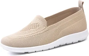 Women's Knitted Mesh Comfort Loafers,Slip on Lightweight Soft Lightweight Casual Shoes,Summer Knit Ballet Flat Sneakers. (Khaki,5.5)