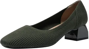 Women's Knitted Square Toe Chunky Heel Pumps,Classic Woven Low Heel Closed Toe Anti-Slip Comfortable Slip On Wedding Party Office Casual Dress Shoes