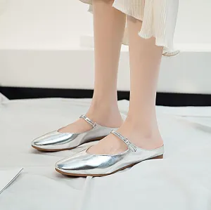 Women's Leather Closed Round Toe Flat Mules Comfortable Adjustable Ankle Strap Backless Slip On Flat Heel Slides Summer Daily Casual Shoes