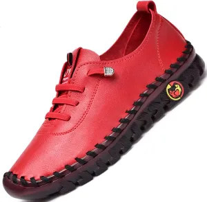 Women's Leather Soft Bottom Beef Tendon Flat Loafers Handmade Slip On Breathable Round Head Non-Slip Mom Wedge Leisure Shoes