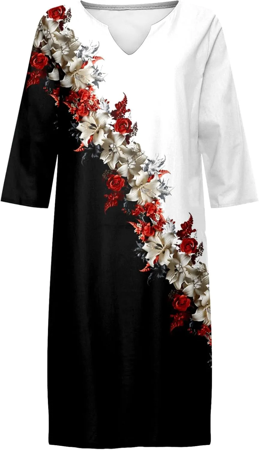 Womens Linen Dress Comfy Fashion Elegant Flower Print Short Sleeve Pastel Dress Work Spring 80S Outfit for Women