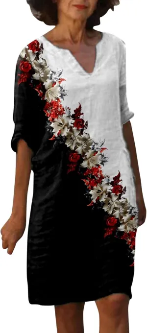Womens Linen Dress Comfy Fashion Elegant Flower Print Short Sleeve Pastel Dress Work Spring 80S Outfit for Women