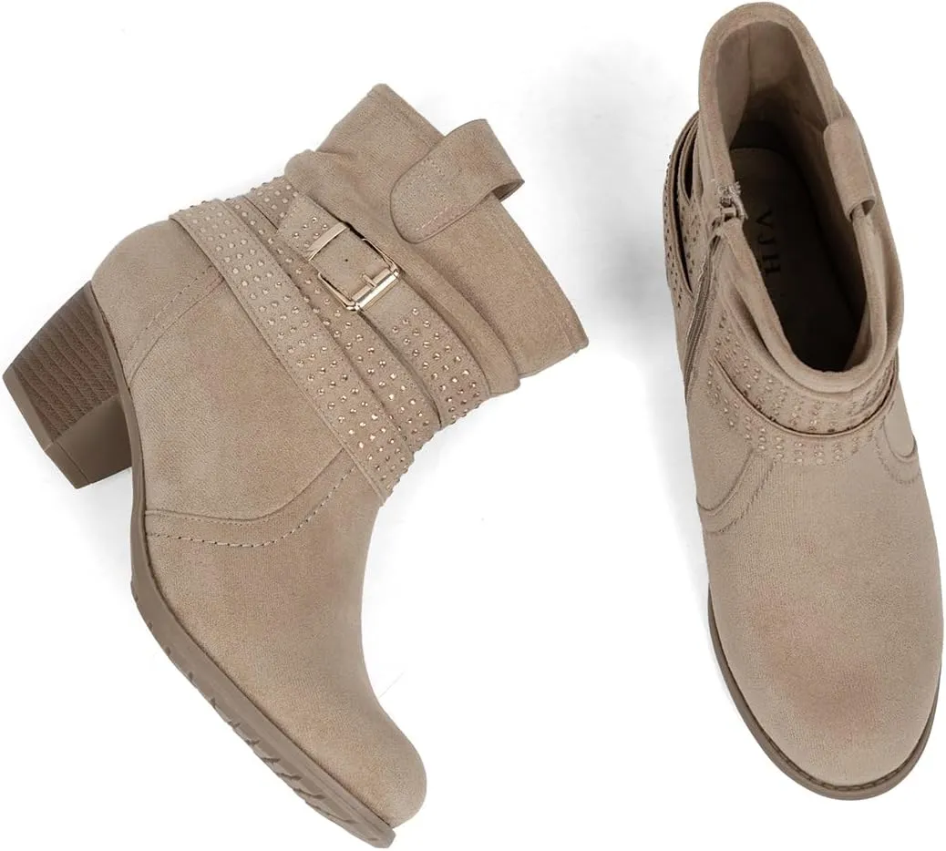 Women's Mid Calf Boots,Round Toe Comfort Low Heel Slouchy Dress zip booties with Jeweled strap