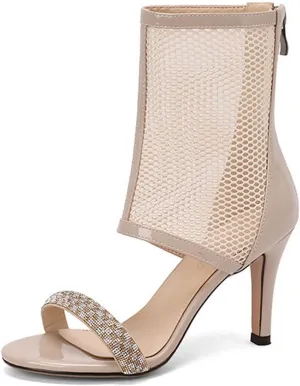 Women's One Word Belt Fish Mouth Mesh Stiletto Boots Sandals with Zipper Sexy Round Peep Toe Breathable High Heel Party Dance Ankle Boots Summer Nightclub Date High Top sandals