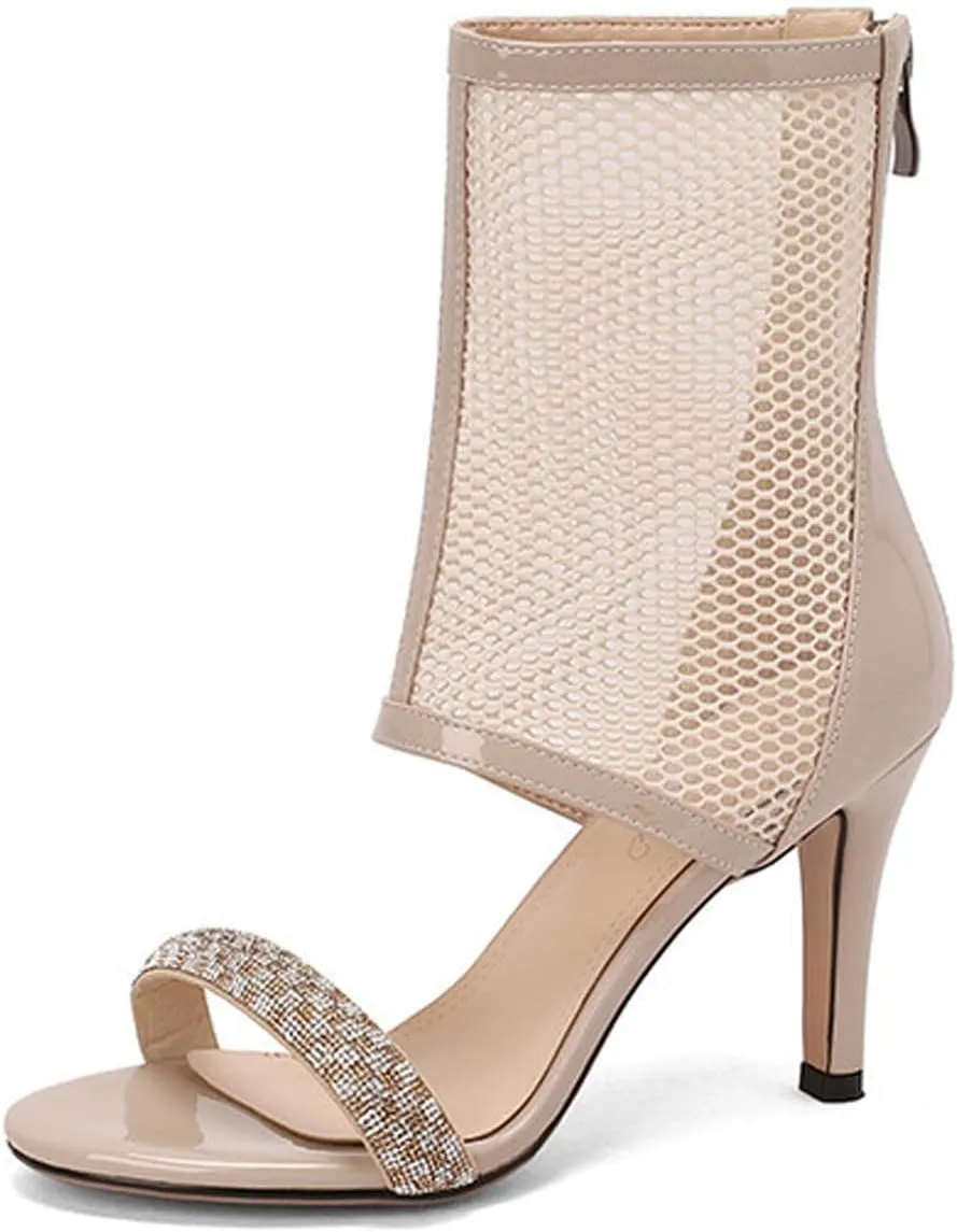 Women's One Word Belt Fish Mouth Mesh Stiletto Boots Sandals with Zipper Sexy Round Peep Toe Breathable High Heel Party Dance Ankle Boots Summer Nightclub Date High Top sandals