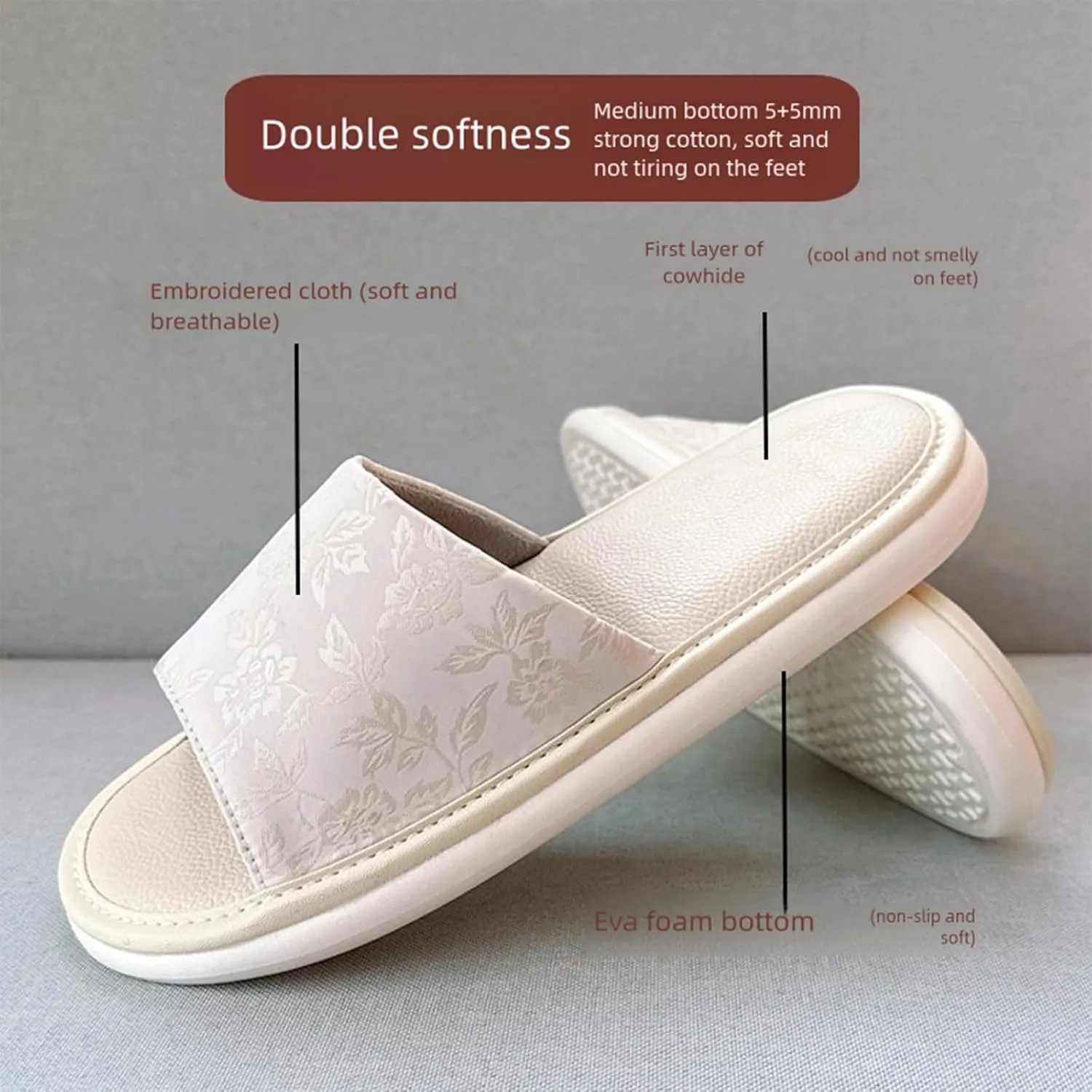 Women’s Open Toe House Slippers – Soft Memory Foam Indoor Slide Slippers with Non-Slip Sole, Faux Leather Footbed & Velvet Strap, Lightweight Home Shoes for All Seasons