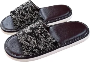 Women’s Open Toe House Slippers – Soft Memory Foam Indoor Slide Slippers with Non-Slip Sole, Faux Leather Footbed & Velvet Strap, Lightweight Home Shoes for All Seasons