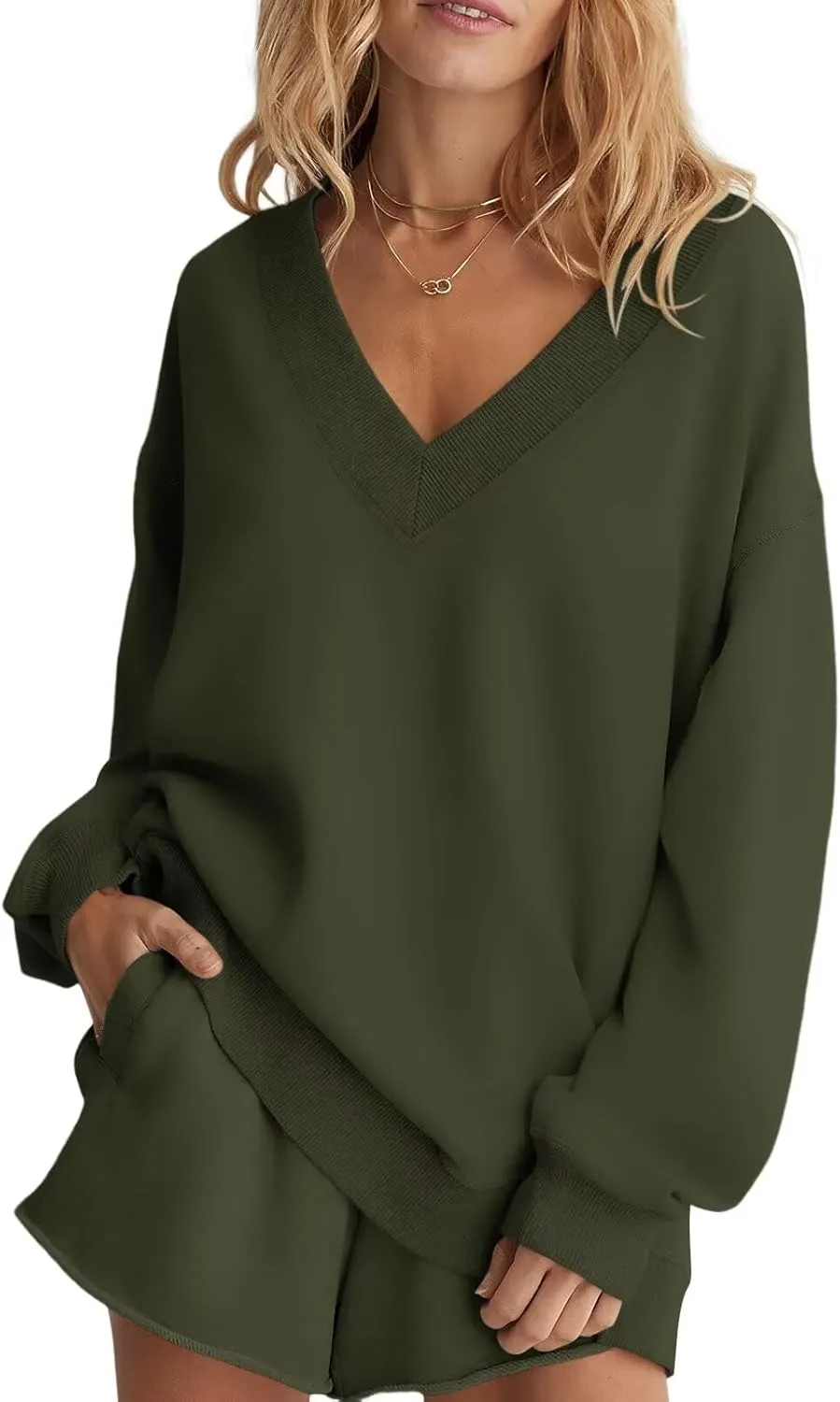 Womens Oversized V Neck Sweatshirts Casual Fleece Long Sleeve Pullover Fall Loose Fit Sweater Tops 2025
