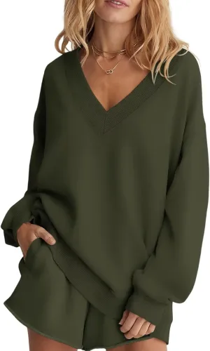 Womens Oversized V Neck Sweatshirts Casual Fleece Long Sleeve Pullover Fall Loose Fit Sweater Tops 2025
