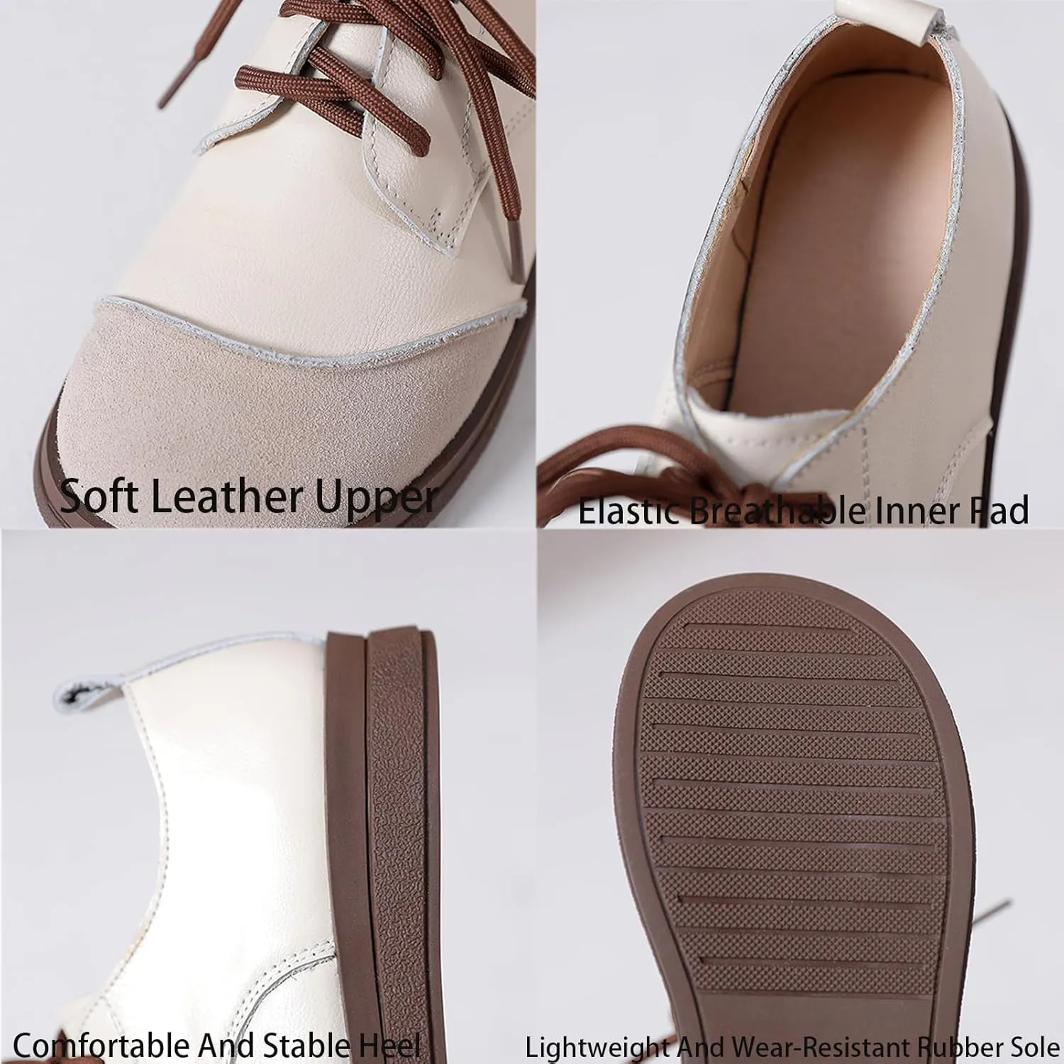 Women's Real Leather Lace-Up Soft Sole Loafers Fashion Round Toe Splicing Comfortable Slip-On Oxford Shoes for Office Work Non-Slip Dress Shoes