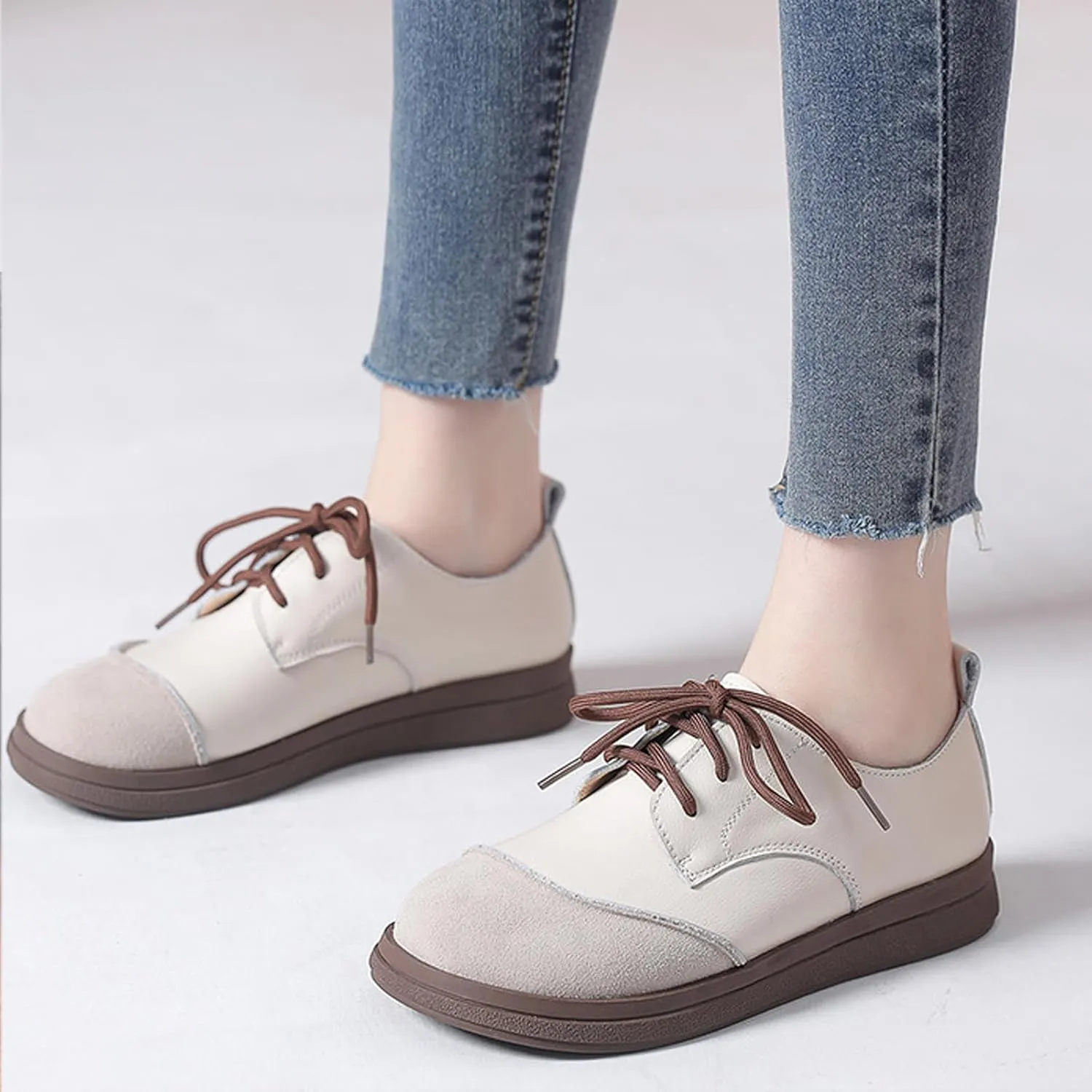 Women's Real Leather Lace-Up Soft Sole Loafers Fashion Round Toe Splicing Comfortable Slip-On Oxford Shoes for Office Work Non-Slip Dress Shoes