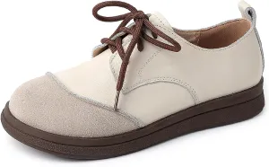 Women's Real Leather Lace-Up Soft Sole Loafers Fashion Round Toe Splicing Comfortable Slip-On Oxford Shoes for Office Work Non-Slip Dress Shoes