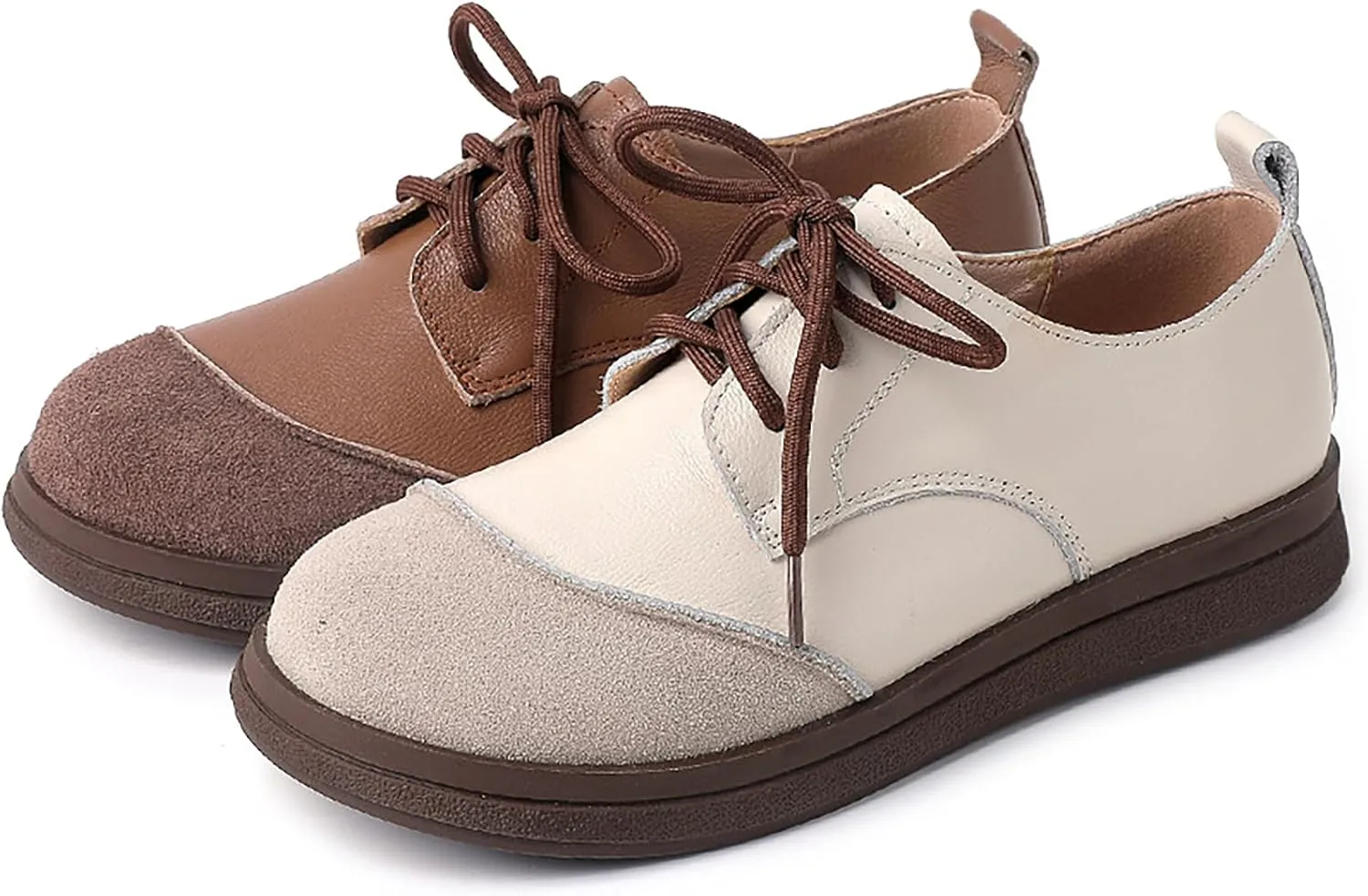 Women's Real Leather Lace-Up Soft Sole Loafers Fashion Round Toe Splicing Comfortable Slip-On Oxford Shoes for Office Work Non-Slip Dress Shoes