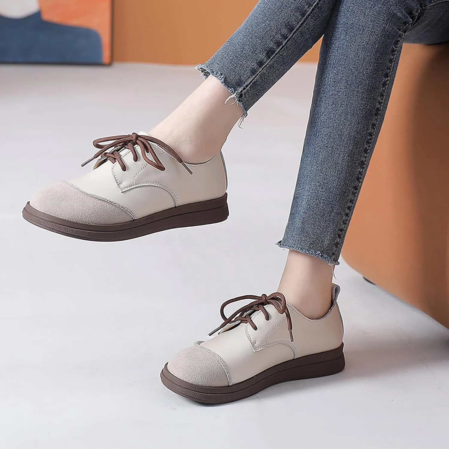 Women's Real Leather Lace-Up Soft Sole Loafers Fashion Round Toe Splicing Comfortable Slip-On Oxford Shoes for Office Work Non-Slip Dress Shoes
