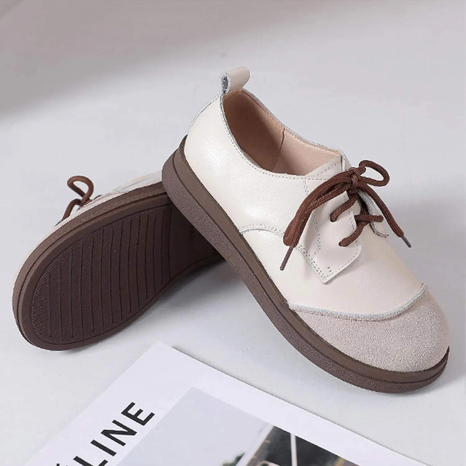 Women's Real Leather Lace-Up Soft Sole Loafers Fashion Round Toe Splicing Comfortable Slip-On Oxford Shoes for Office Work Non-Slip Dress Shoes