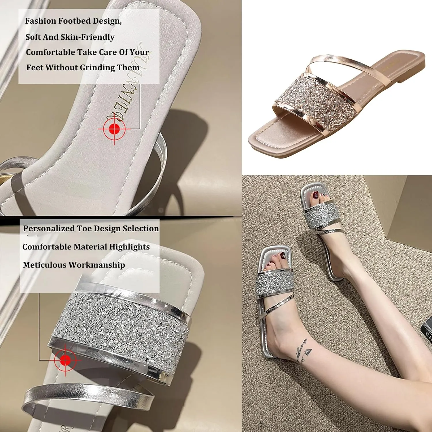 Women's Rhinestones Square Toe Open Toe Flat Slippers,Slip On Flat Sandals in Sparkling Crystals,Fashionable Sparkling Glitter Ankle Strap Low Heel Casual Beach Flip Flops