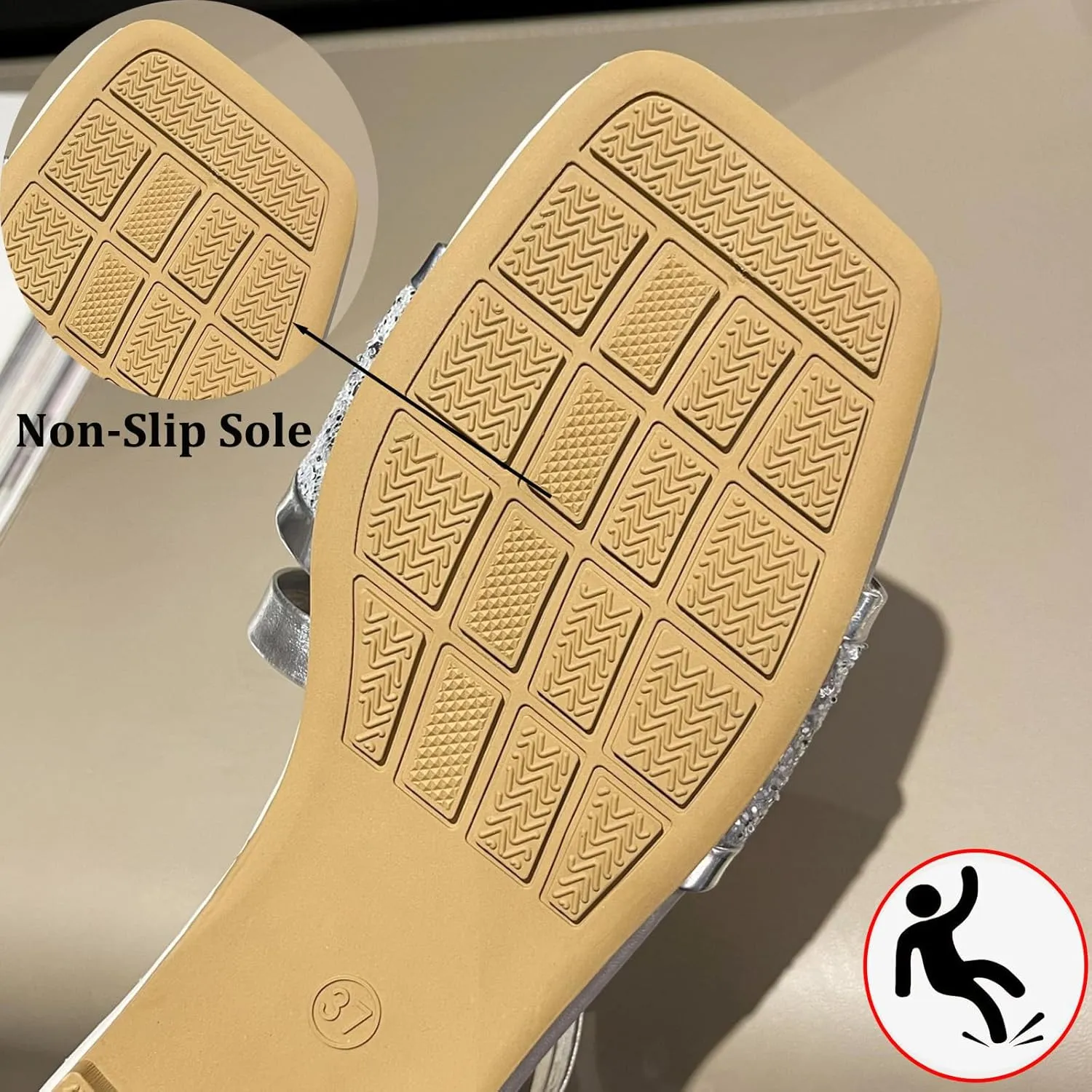 Women's Rhinestones Square Toe Open Toe Flat Slippers,Slip On Flat Sandals in Sparkling Crystals,Fashionable Sparkling Glitter Ankle Strap Low Heel Casual Beach Flip Flops