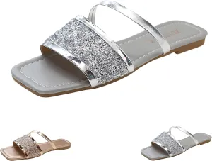 Women's Rhinestones Square Toe Open Toe Flat Slippers,Slip On Flat Sandals in Sparkling Crystals,Fashionable Sparkling Glitter Ankle Strap Low Heel Casual Beach Flip Flops