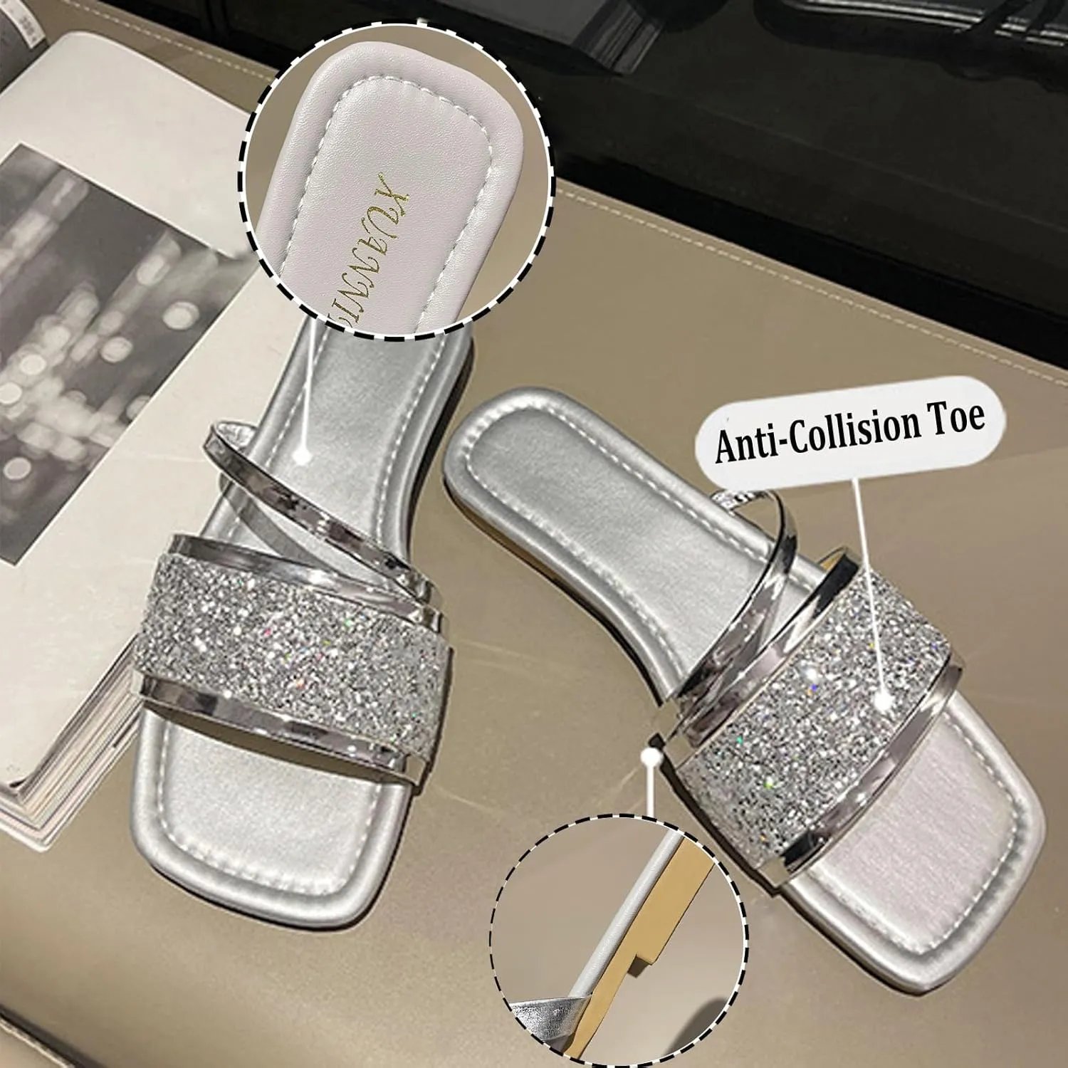 Women's Rhinestones Square Toe Open Toe Flat Slippers,Slip On Flat Sandals in Sparkling Crystals,Fashionable Sparkling Glitter Ankle Strap Low Heel Casual Beach Flip Flops