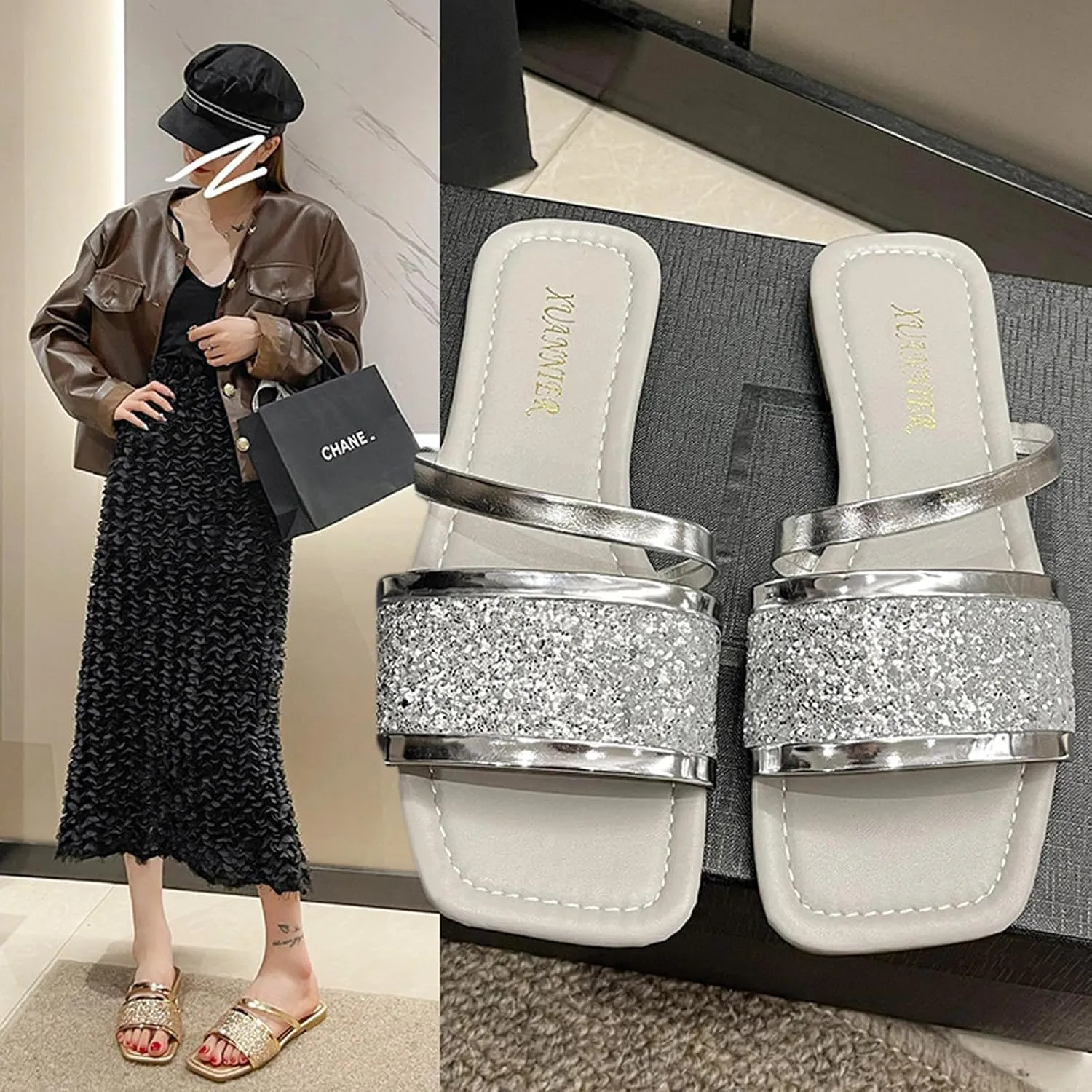Women's Rhinestones Square Toe Open Toe Flat Slippers,Slip On Flat Sandals in Sparkling Crystals,Fashionable Sparkling Glitter Ankle Strap Low Heel Casual Beach Flip Flops