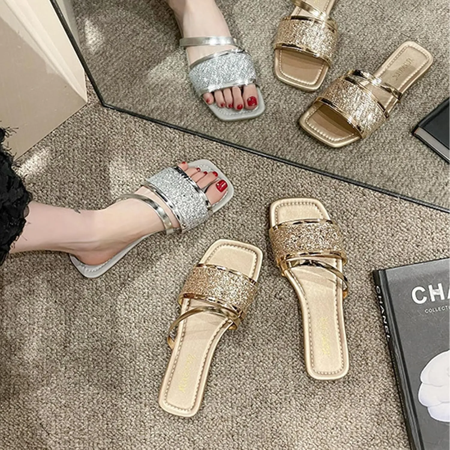 Women's Rhinestones Square Toe Open Toe Flat Slippers,Slip On Flat Sandals in Sparkling Crystals,Fashionable Sparkling Glitter Ankle Strap Low Heel Casual Beach Flip Flops