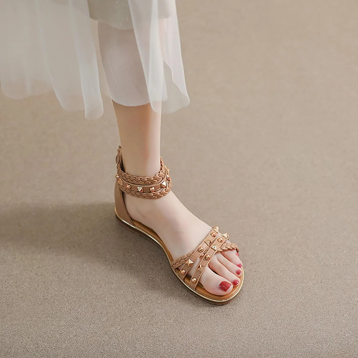 Women's Rivet Strappy Open Toe Flat Sandals,Summer Braid Ankle Strap Beach Flat Gladiator Sandals Fashion Back Zipper Casual Roman Shoes