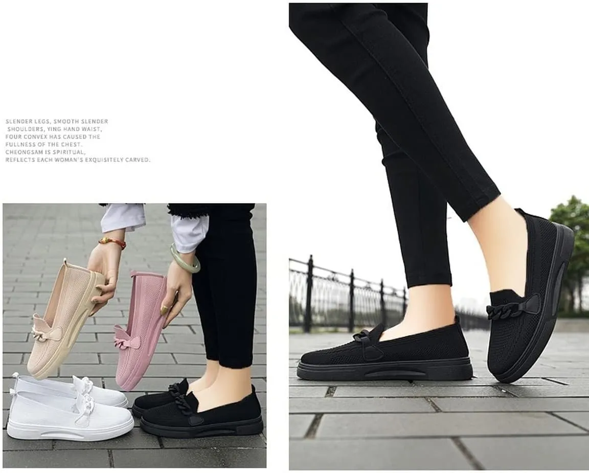 Womens Round Toe Wide Shoes Breathable Lightweight Loafers for Elderly Women Walking Nurse Work Flat Slip-On Shoes