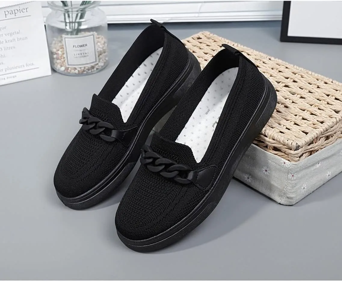 Womens Round Toe Wide Shoes Breathable Lightweight Loafers for Elderly Women Walking Nurse Work Flat Slip-On Shoes