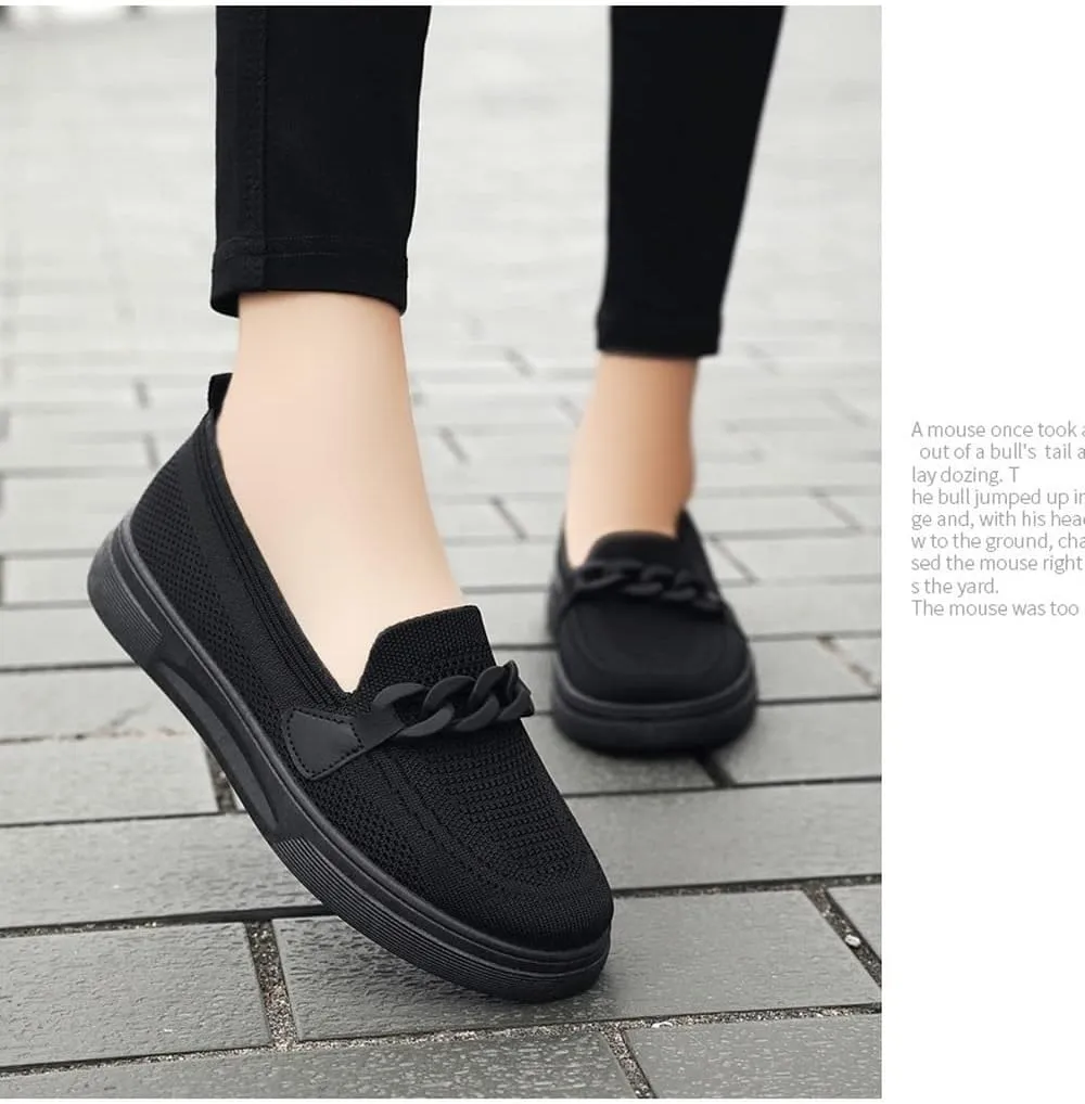 Womens Round Toe Wide Shoes Breathable Lightweight Loafers for Elderly Women Walking Nurse Work Flat Slip-On Shoes