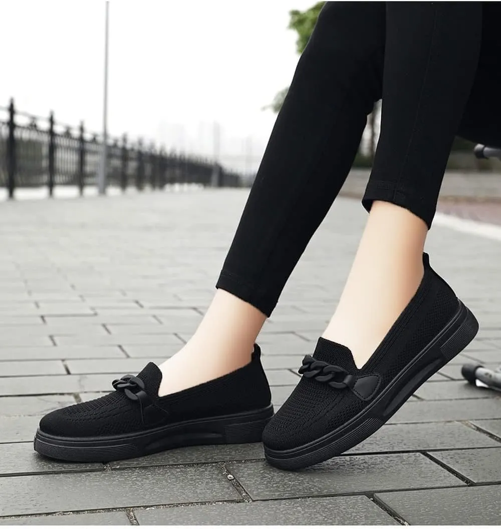 Womens Round Toe Wide Shoes Breathable Lightweight Loafers for Elderly Women Walking Nurse Work Flat Slip-On Shoes