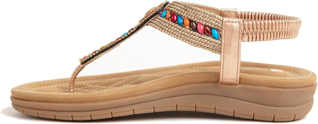 Womens Sandals Dressy Summer Comfortable Arch Support Flat Shoes Elastic ankle strap summer beach sandals Bohemian Flip Flops Sandals for Women