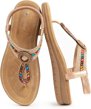 Womens Sandals Dressy Summer Comfortable Arch Support Flat Shoes Elastic ankle strap summer beach sandals Bohemian Flip Flops Sandals for Women