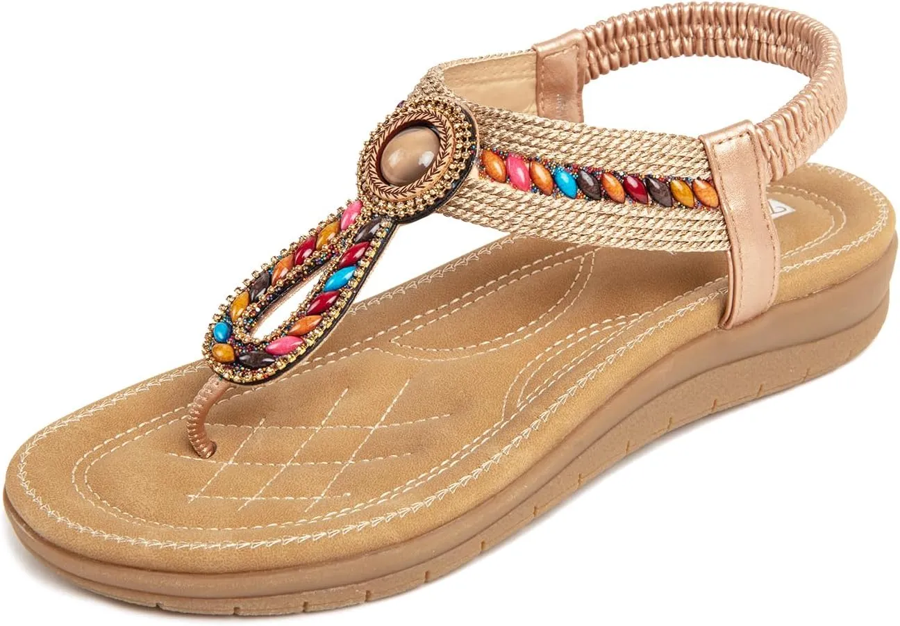 Womens Sandals Dressy Summer Comfortable Arch Support Flat Shoes Elastic ankle strap summer beach sandals Bohemian Flip Flops Sandals for Women