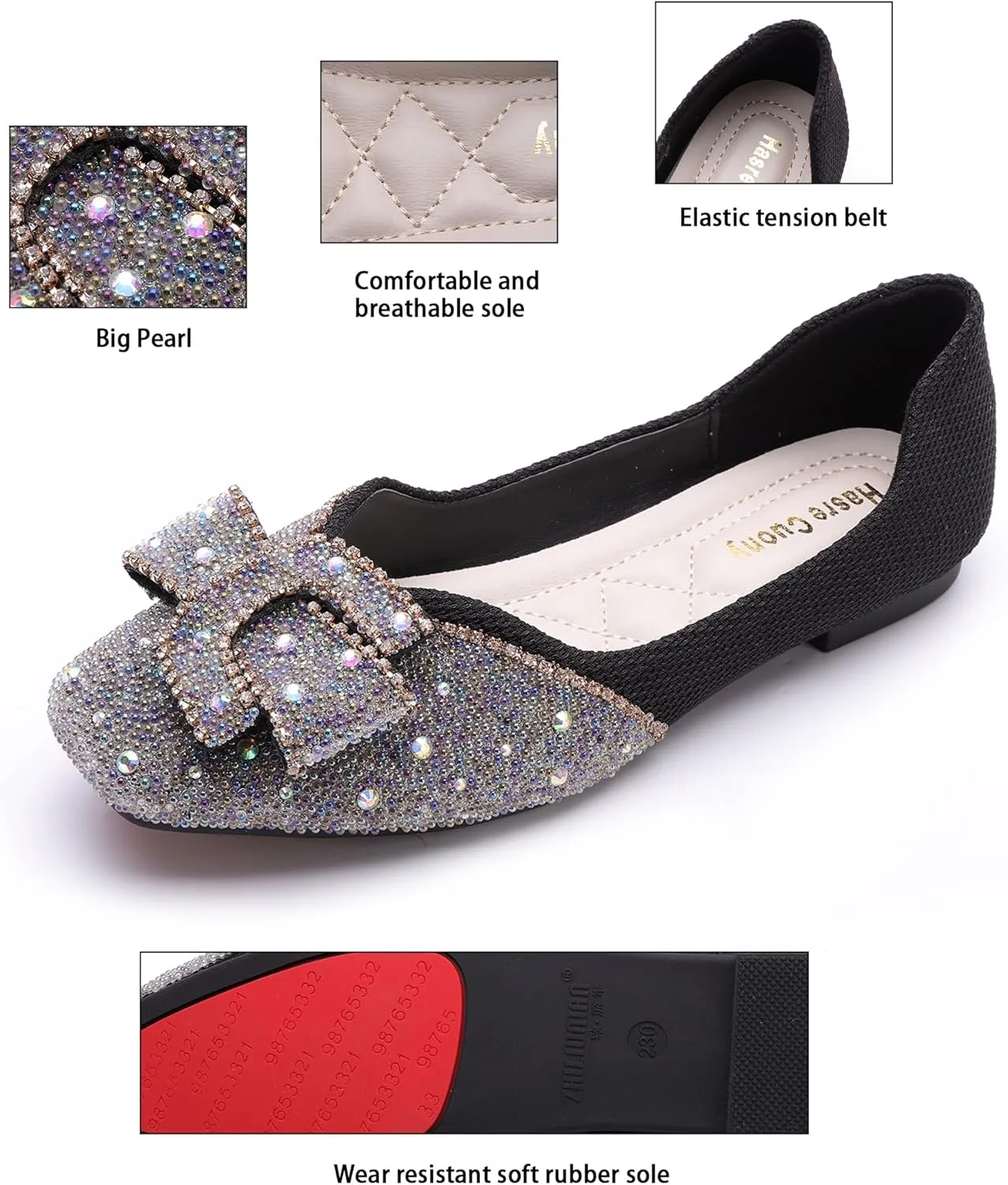 Women's Square Head Flat Shoes Fashion Glittering Rhinestone Bride Wedding Dress Shoes Comfortable Non Slip Slip on Walking Shoes