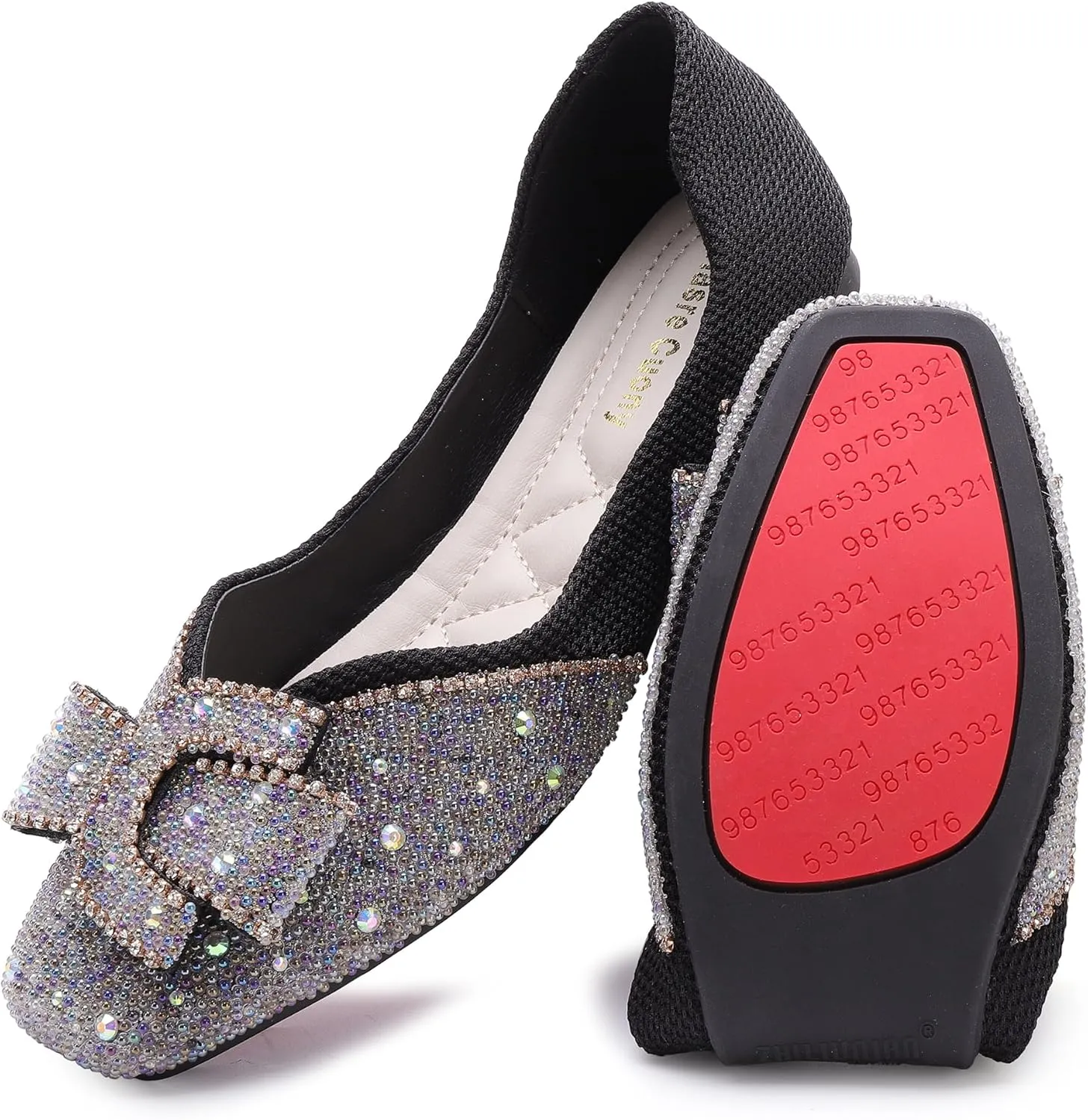 Women's Square Head Flat Shoes Fashion Glittering Rhinestone Bride Wedding Dress Shoes Comfortable Non Slip Slip on Walking Shoes