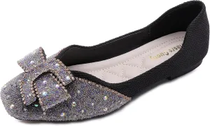 Women's Square Head Flat Shoes Fashion Glittering Rhinestone Bride Wedding Dress Shoes Comfortable Non Slip Slip on Walking Shoes