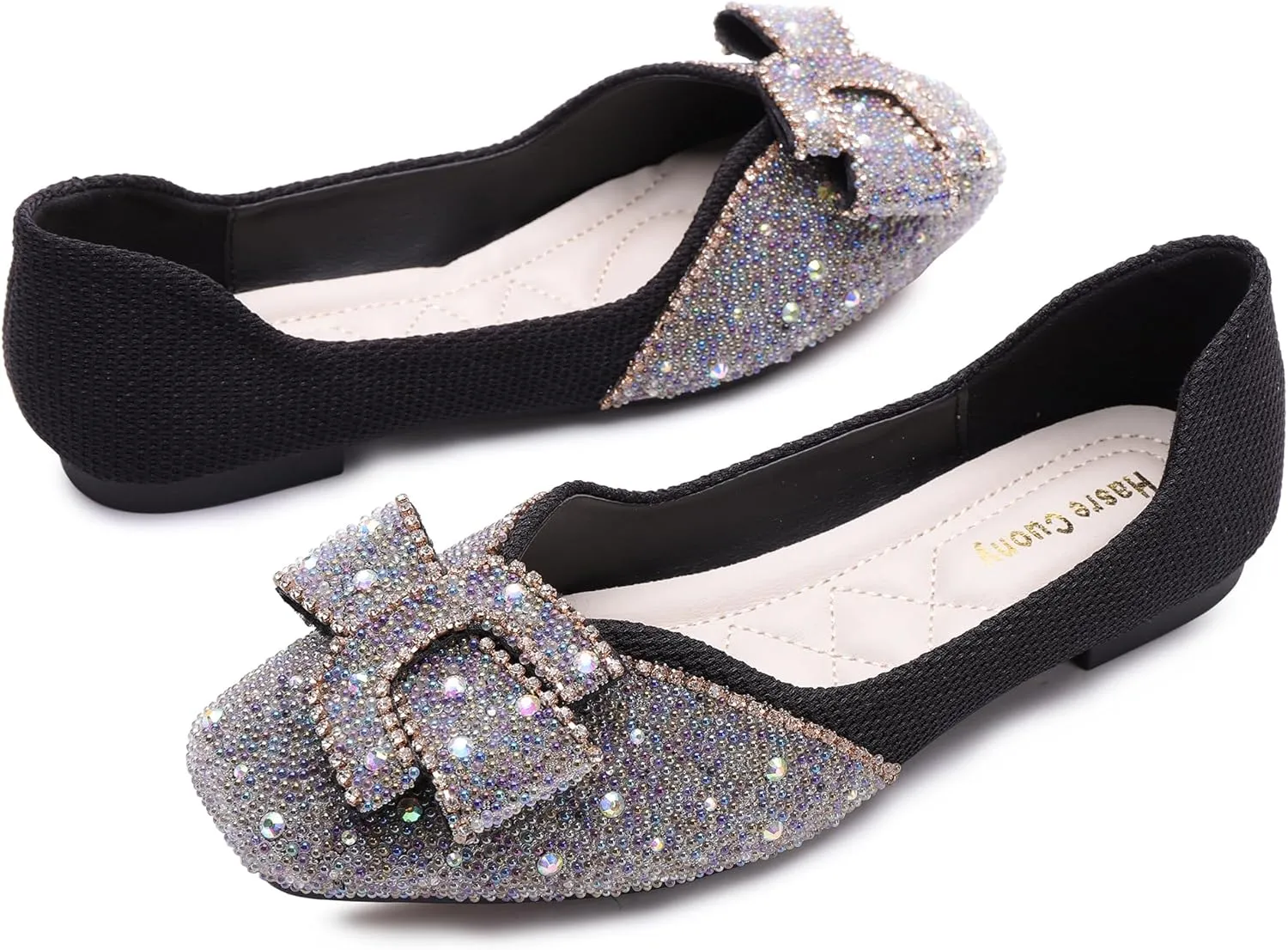 Women's Square Head Flat Shoes Fashion Glittering Rhinestone Bride Wedding Dress Shoes Comfortable Non Slip Slip on Walking Shoes