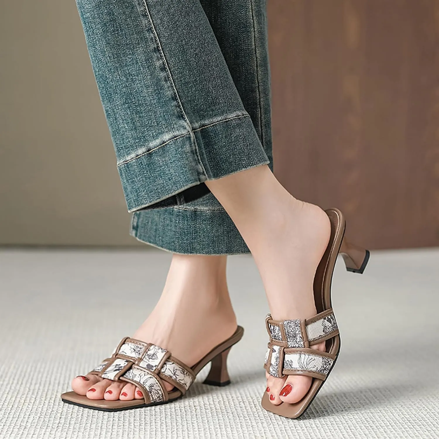 Women's Square Open Toe Leather Braid Kitten Heel Sandals Comfort Low Heel Sexy Dress Pumps Slide Sandals Evening Party Prom Dance Shoes